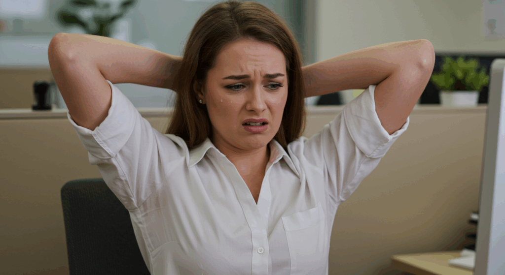 sweaty armpits embarrassed woman at work